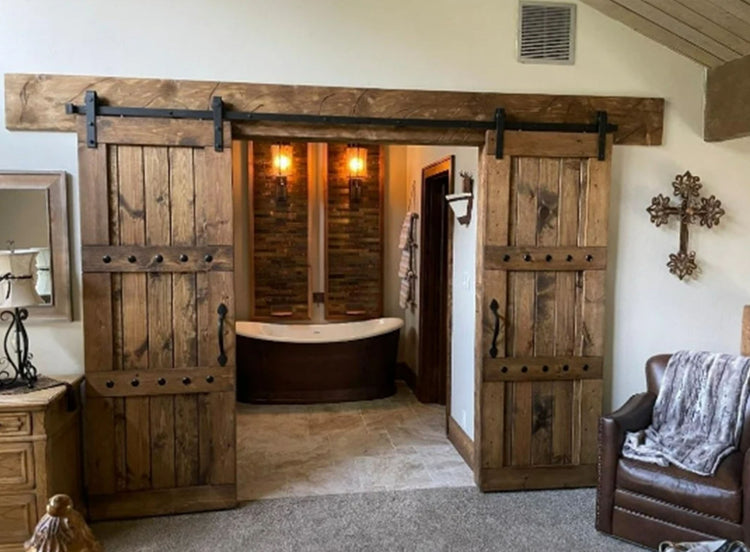 Double barn doors for bathroom finished in Provincial stain