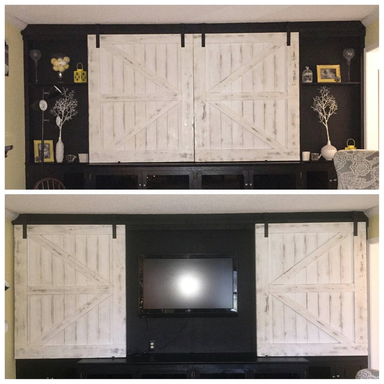 Images of a TV mounted on a wall with barn door style cover