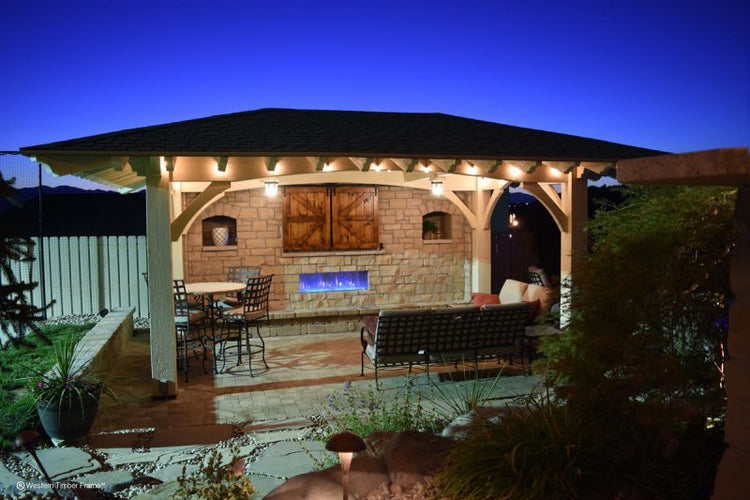 Outdoor setting of the TV Barn Door Package with patio furniture